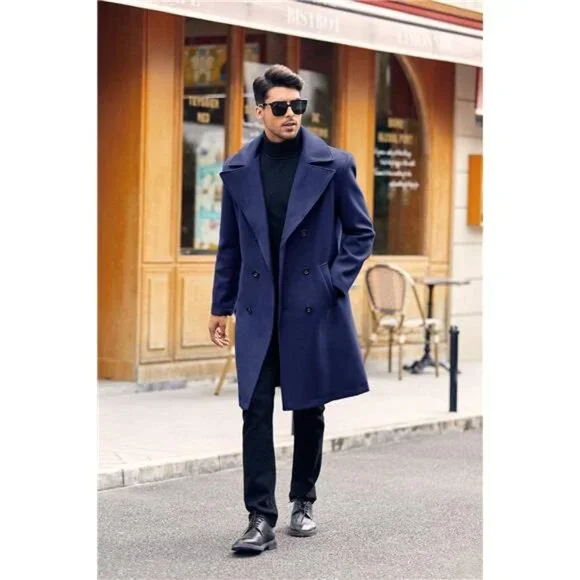 Men's Double Breasted Trench Coat Casual Lapel Collar Winter Long Overcoat
